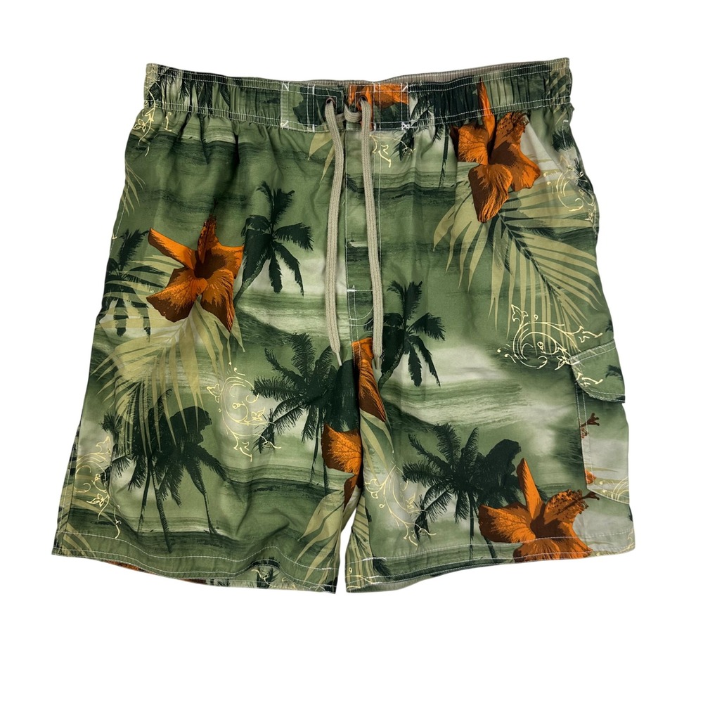 Croft&Barrow Swim Trunks Mens XL Green Tropical Palm Tree Hibiscus Cargo Shorts